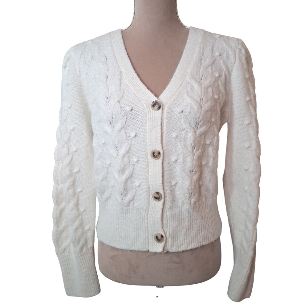 Jessica Simpson Womens XL Ivory Cable Knit Bobble Cardigan Sweater Cozy Vneck